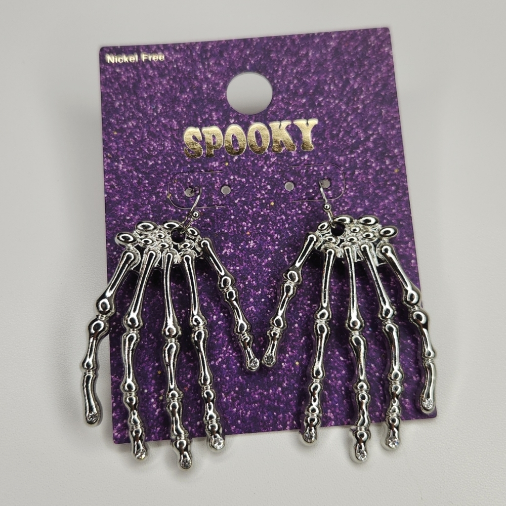 5 for $25! Silver Tone Skelton Hand Statement Earrings